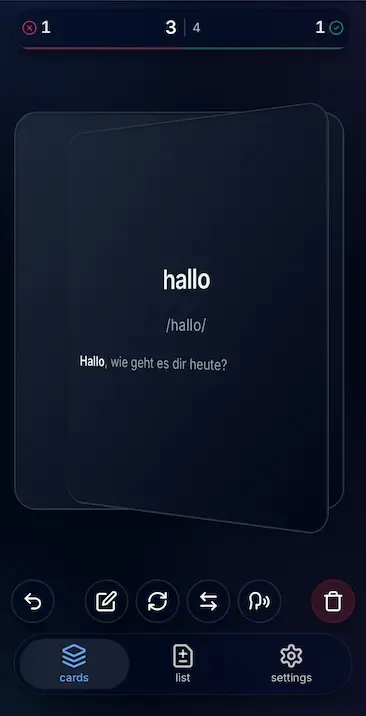 Cards screen from the app